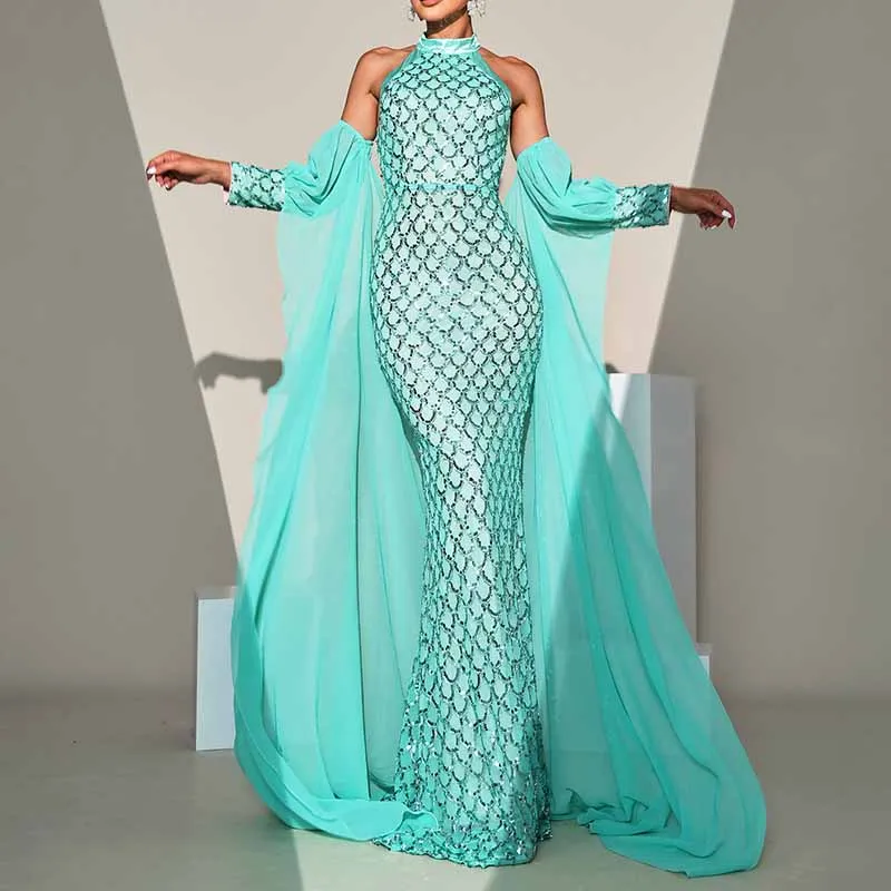 Turquoise Prom Dress Halter Neck with Caped Sequin Mermaid Evening Dress