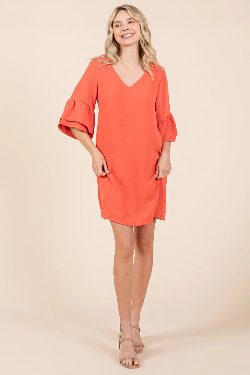 V neck Flounce Ruffle Sleeve Tunic Shift Dress