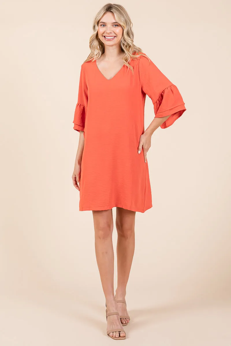 V neck Flounce Ruffle Sleeve Tunic Shift Dress