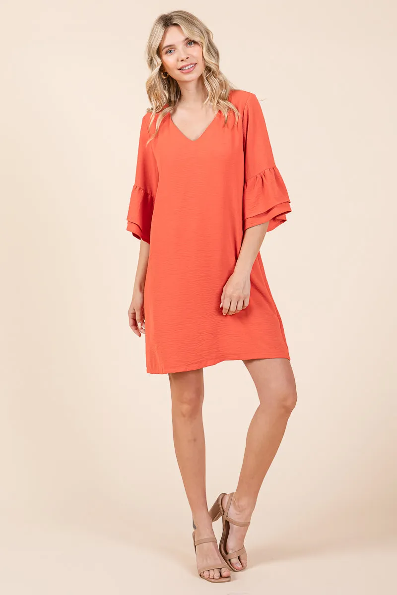 V neck Flounce Ruffle Sleeve Tunic Shift Dress