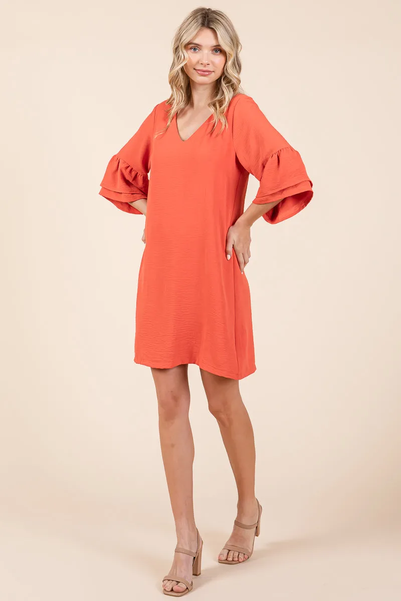 V neck Flounce Ruffle Sleeve Tunic Shift Dress