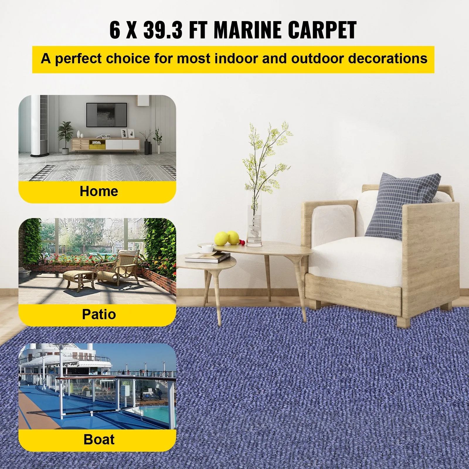 Vevor Marine Carpet 6' x 39.3' Waterproof Non-Slip Texture Rug Indoor/Outdoor Blue New