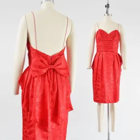 Vintage 80s Red Silk Satin Sweetheart Neckline Peplum Waist Cocktail Dress Bow size S M