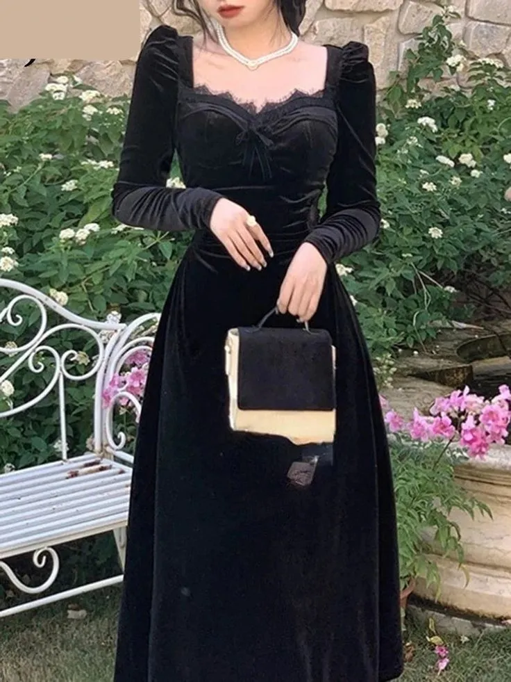 Vintage Balck Long Sleeve Dress Woman Elegant Fashion Velvet Midi Dress     fg6635