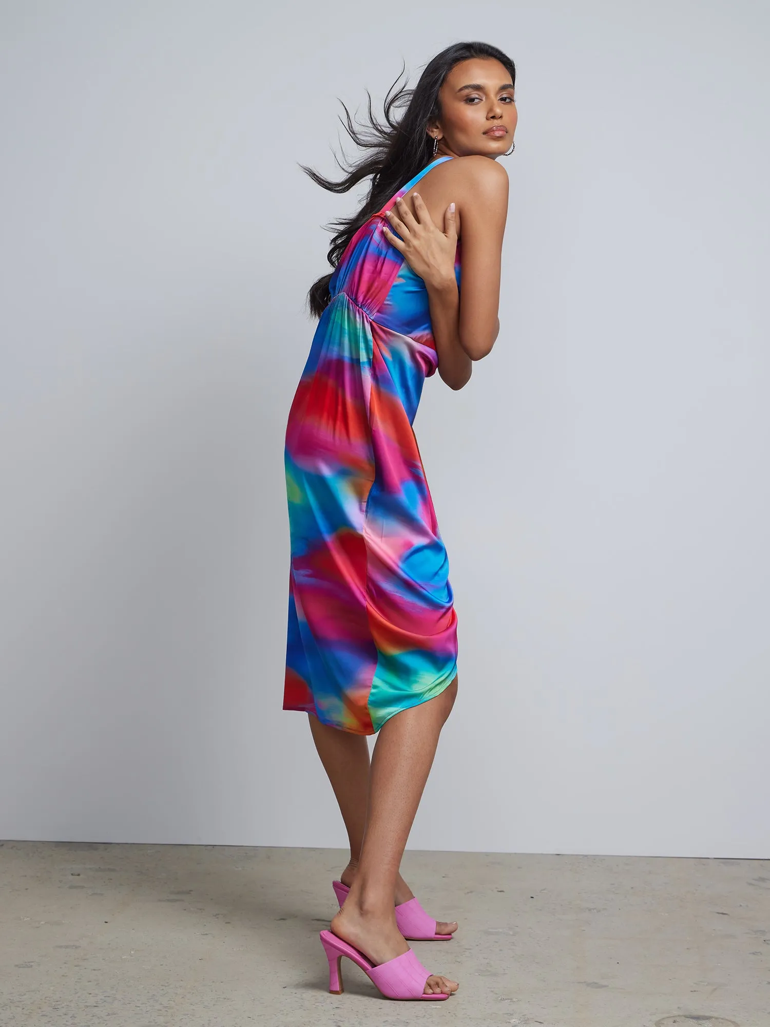 Watercolor-Print Wrap-Front Slip Dress