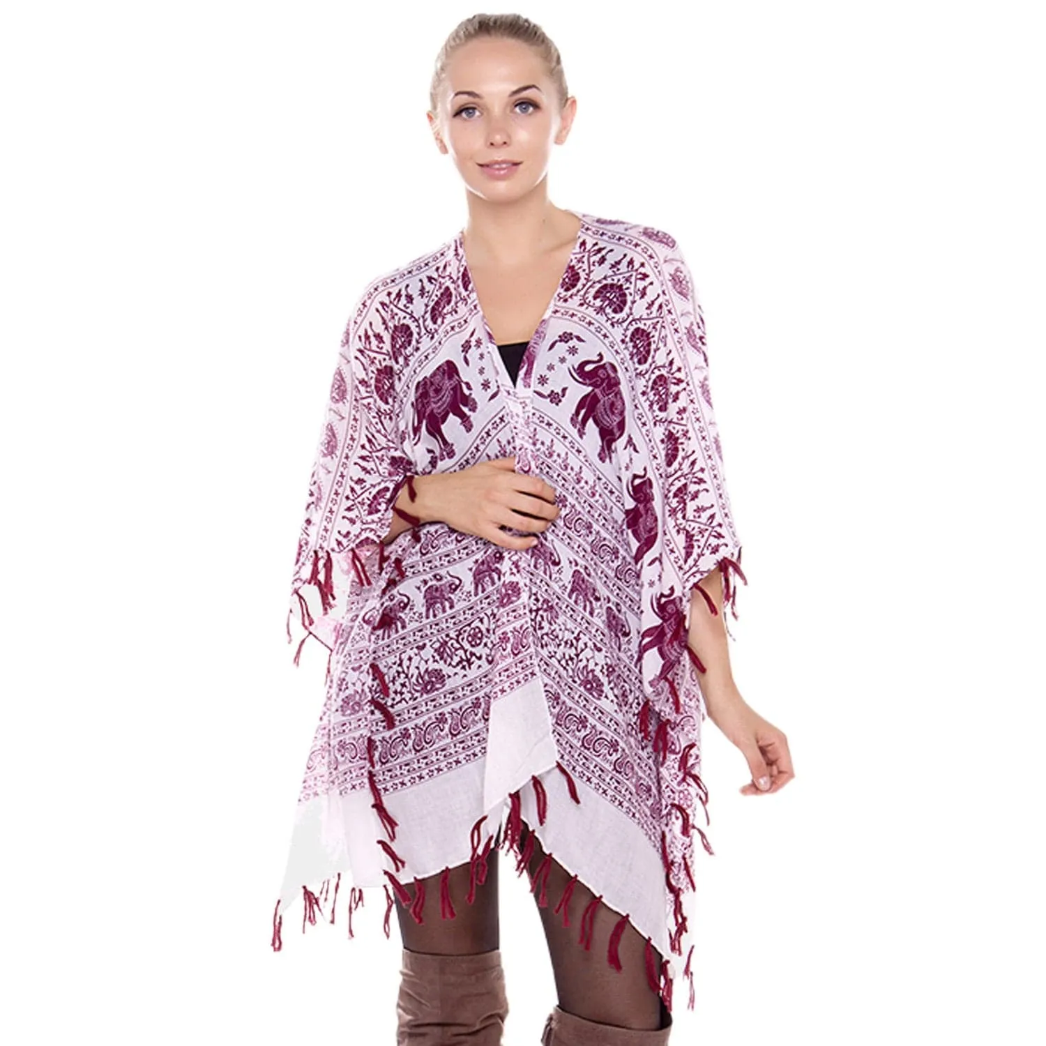 White and Crimson Elephant Tassel Shawl