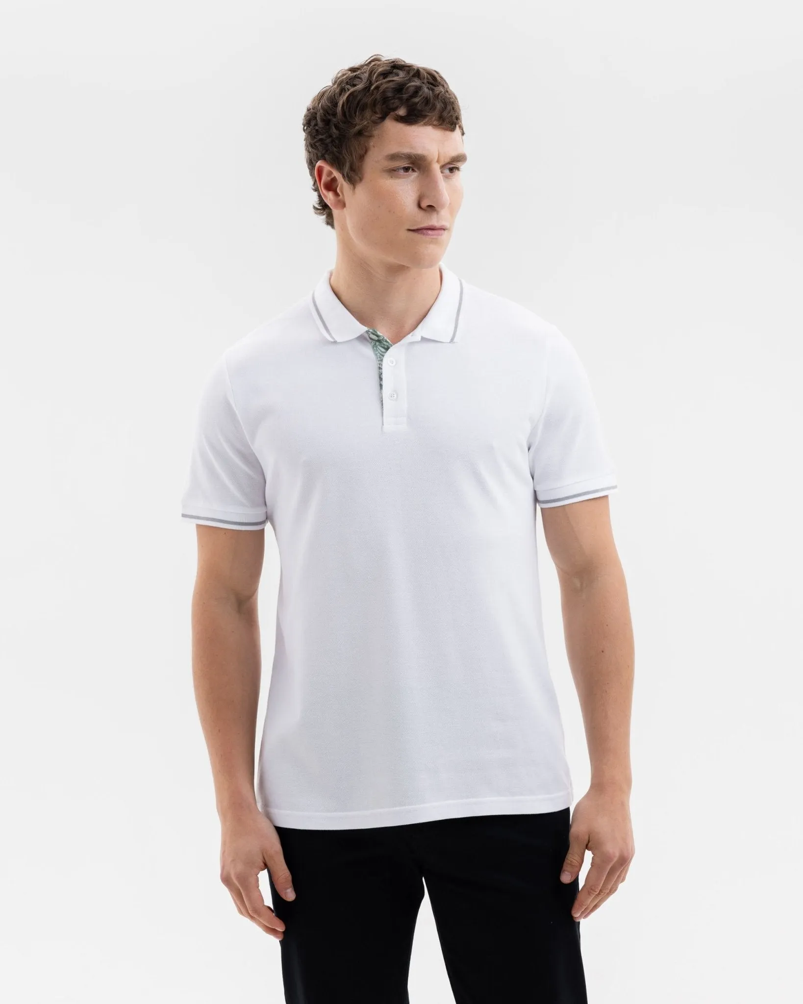 White Pique Polo with Laurel Leaves Accents