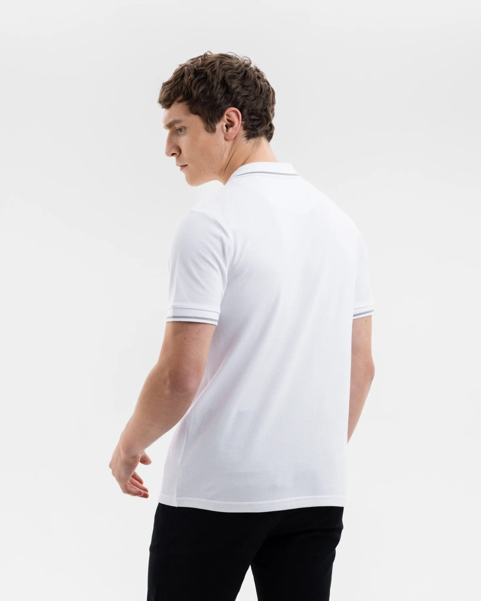 White Pique Polo with Laurel Leaves Accents