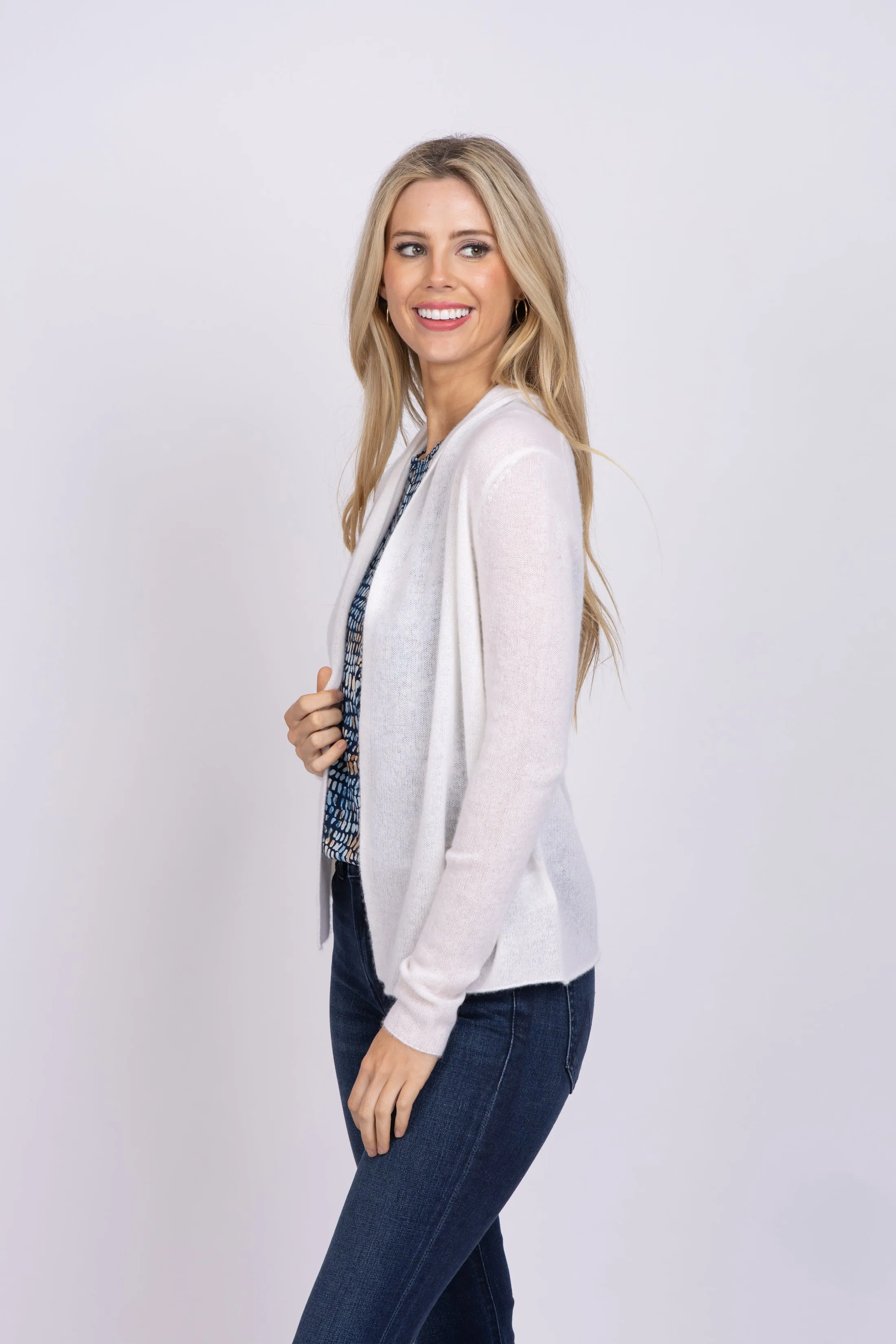 White Warren Essential Cashmere Mini Trapeze Cardigan in Soft White