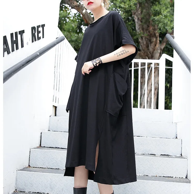 women black cotton dress plus size clothing big pockets cotton gown Elegant side open kaftans