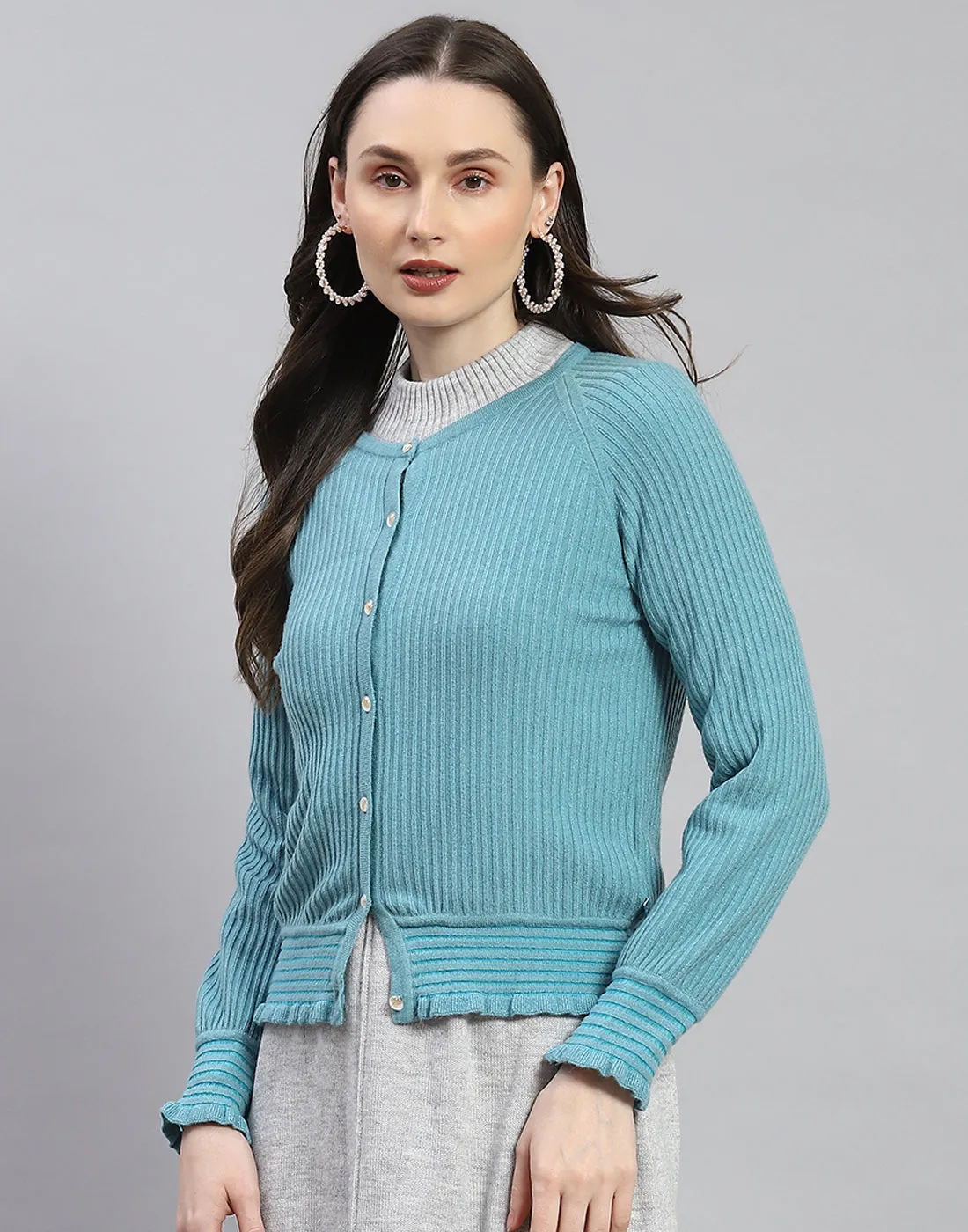 Women Blue Self Design Round Neck Full Sleeve Cardigan