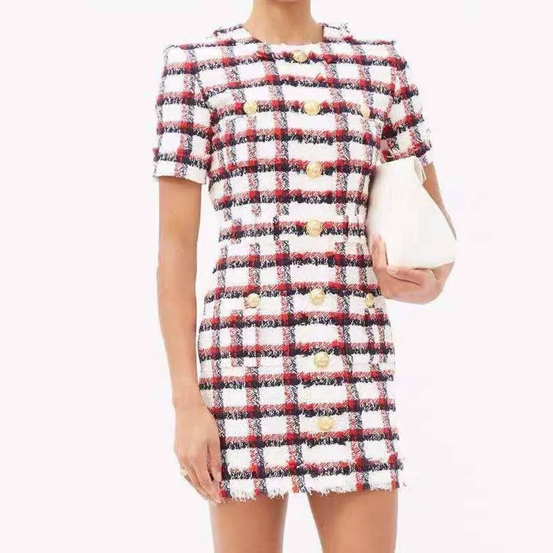 Women Round-Neck Slim Fit Short Sleeves Woolen Checkered Cocktail Dress