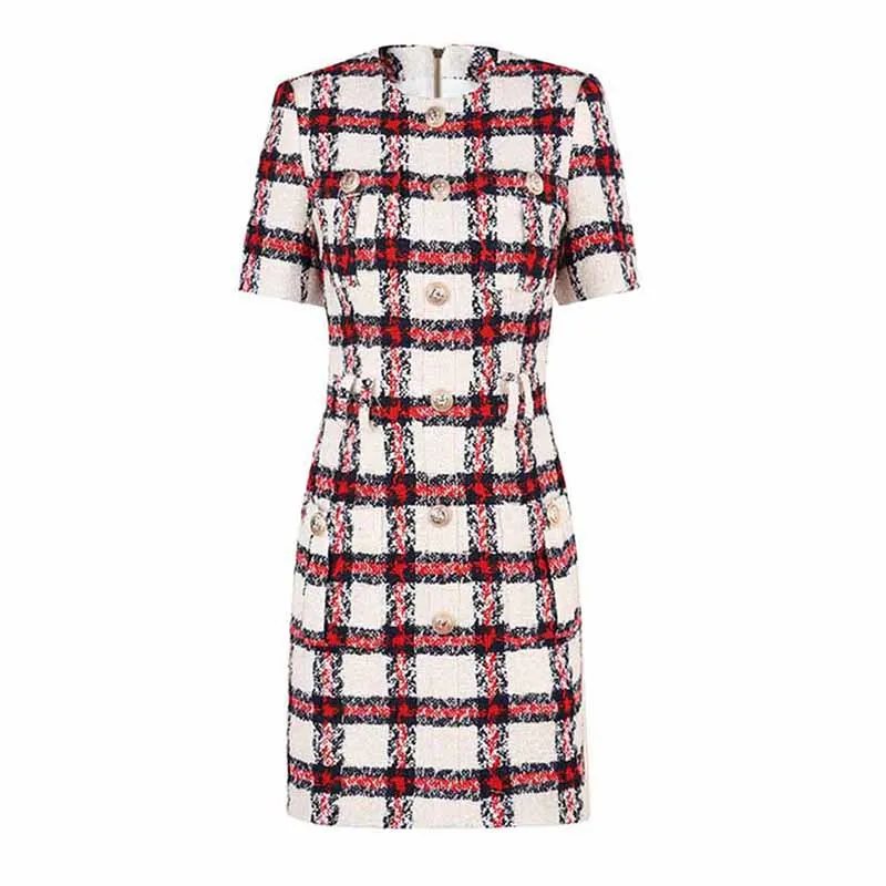 Women Round-Neck Slim Fit Short Sleeves Woolen Checkered Cocktail Dress