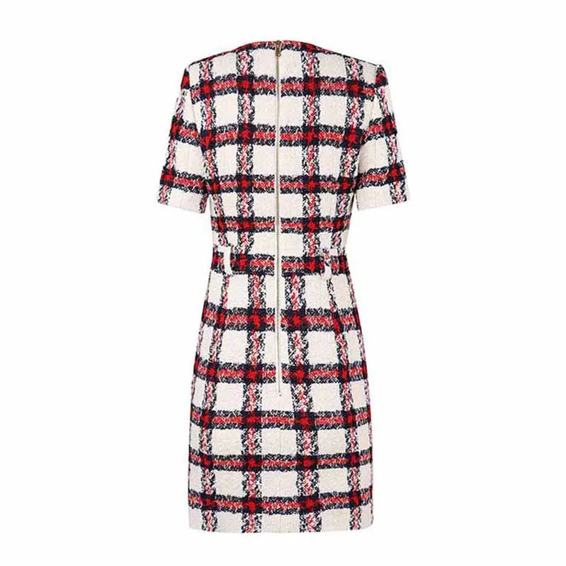 Women Round-Neck Slim Fit Short Sleeves Woolen Checkered Cocktail Dress