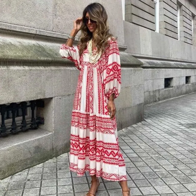 Women Summer Puff Sleeve V Neck Printing Long Dress Loose Casual Floral Dress - WD8001