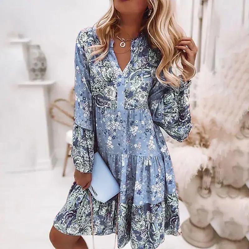 Women Summer Puff Sleeve V Neck Printing Long Dress Loose Casual Floral Dress - WD8001