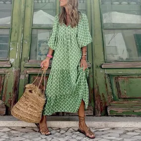 Women Summer Puff Sleeve V Neck Printing Long Dress Loose Casual Floral Dress - WD8001