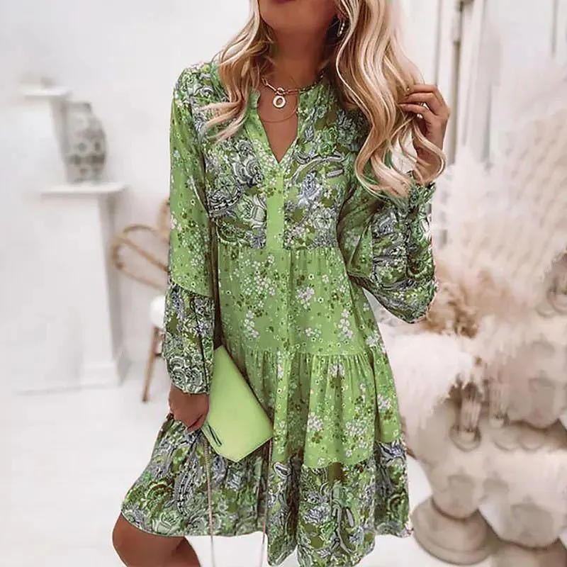 Women Summer Puff Sleeve V Neck Printing Long Dress Loose Casual Floral Dress - WD8001