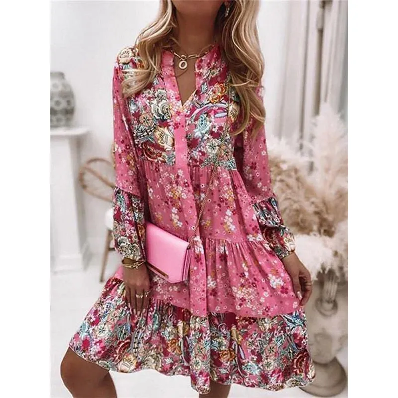 Women Summer Puff Sleeve V Neck Printing Long Dress Loose Casual Floral Dress - WD8001