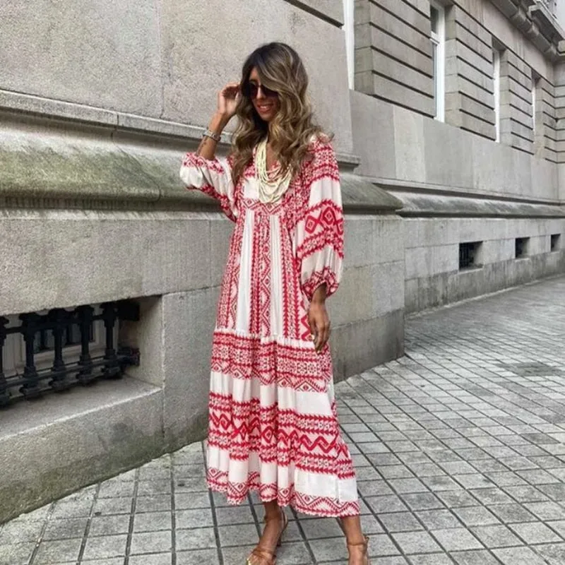 Women Summer Puff Sleeve V Neck Printing Long Dress Loose Casual Floral Dress - WD8001