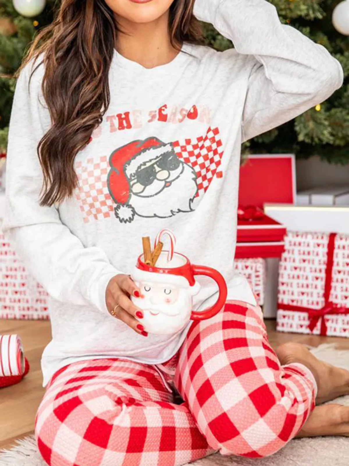 Womens Christmas Santa Clause Plaid Pajama Set