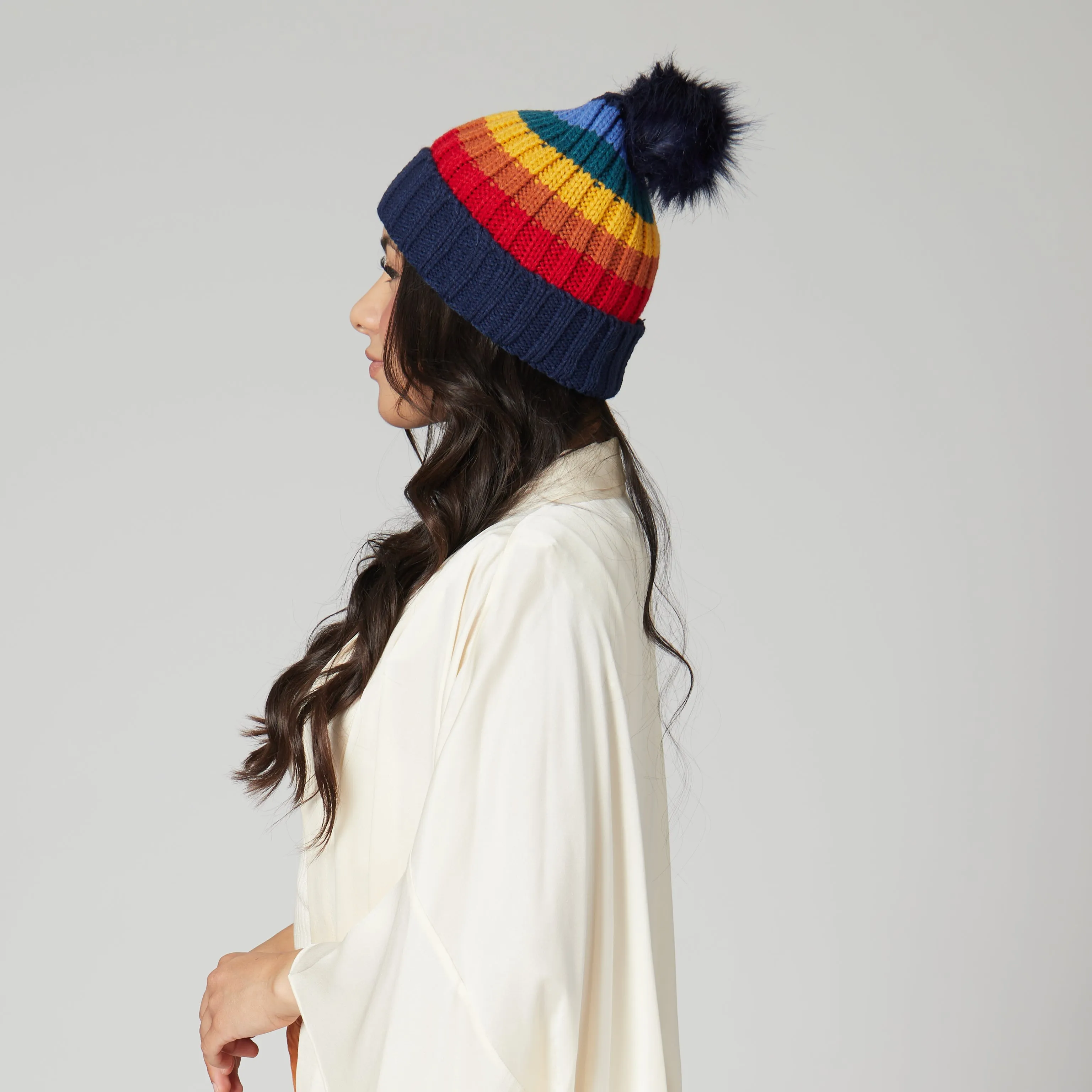 Women's Knit Rainbow Stripe Beanie w/Pom