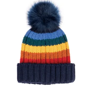 Women's Knit Rainbow Stripe Beanie w/Pom