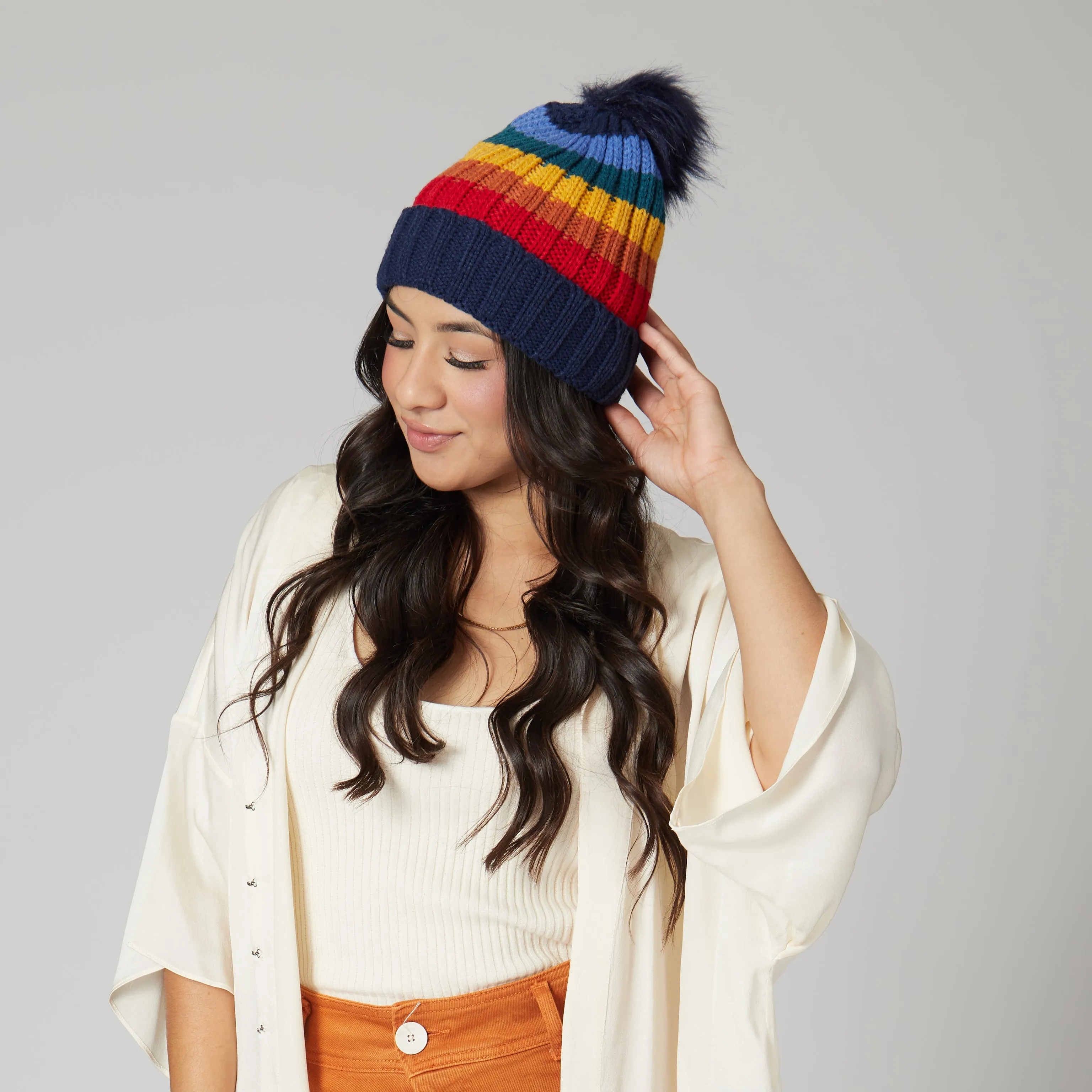 Women's Knit Rainbow Stripe Beanie w/Pom