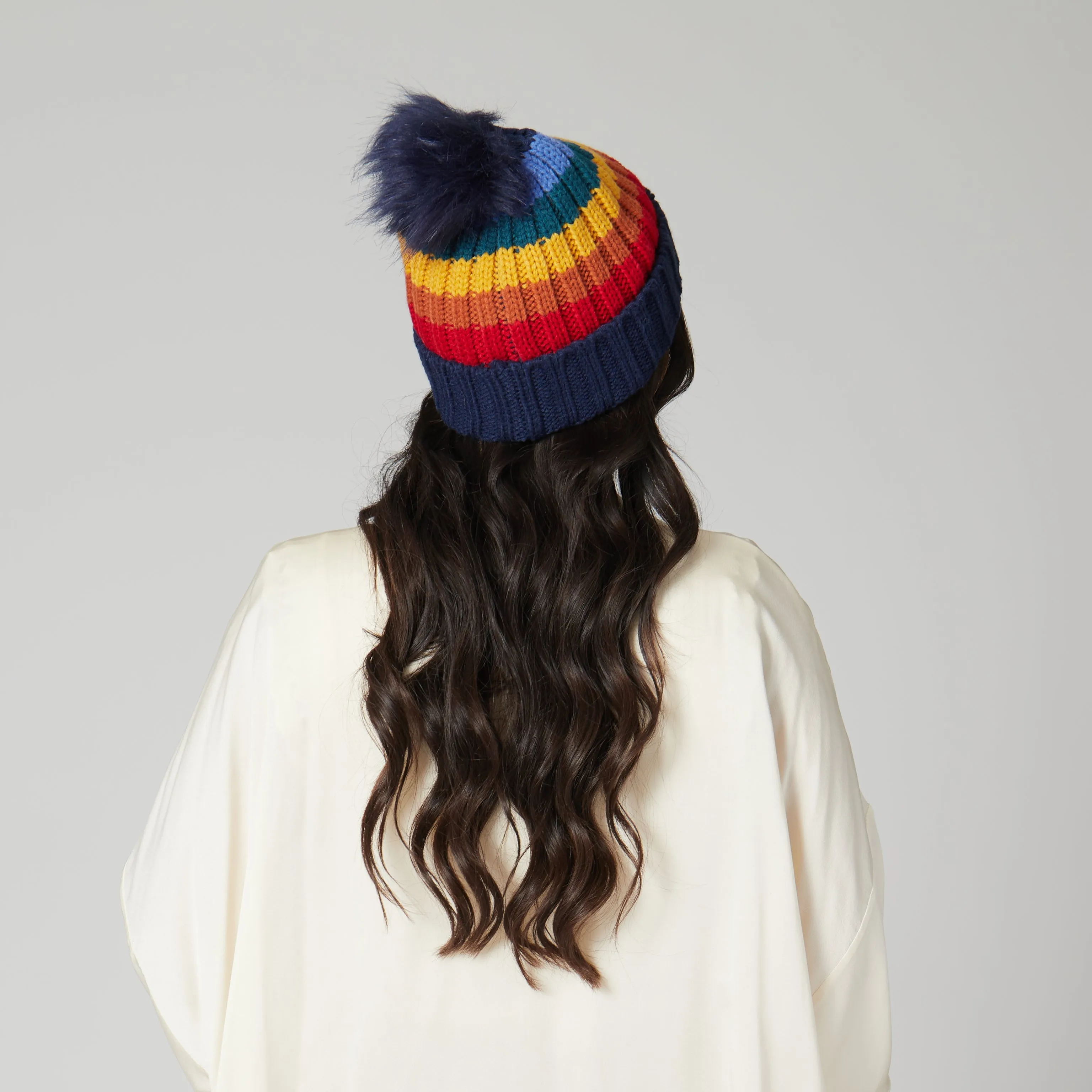 Women's Knit Rainbow Stripe Beanie w/Pom