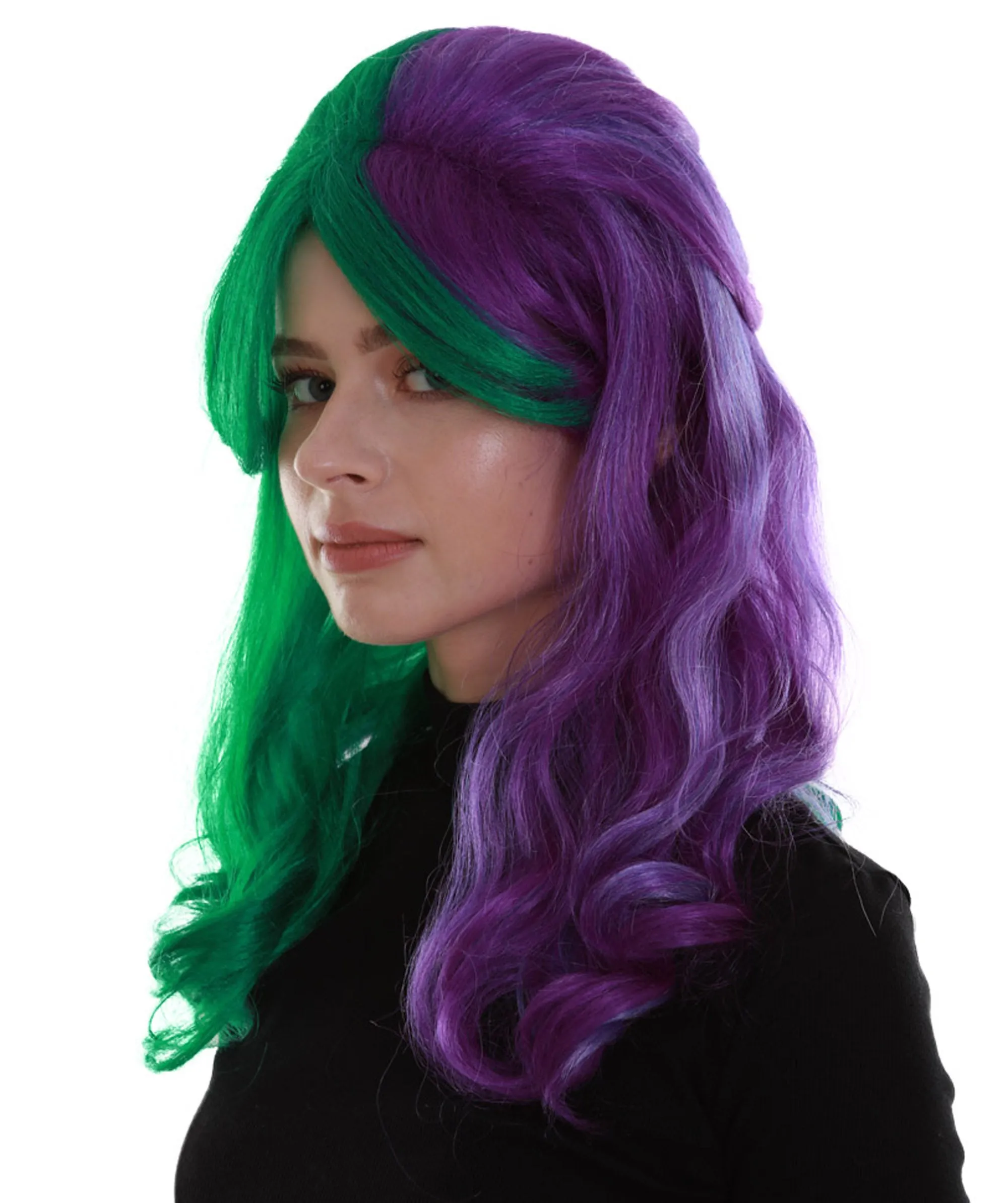 Women's Two Tone Green and Purple Color Wavy Medium Length Trendy Galactic Maiden Wig