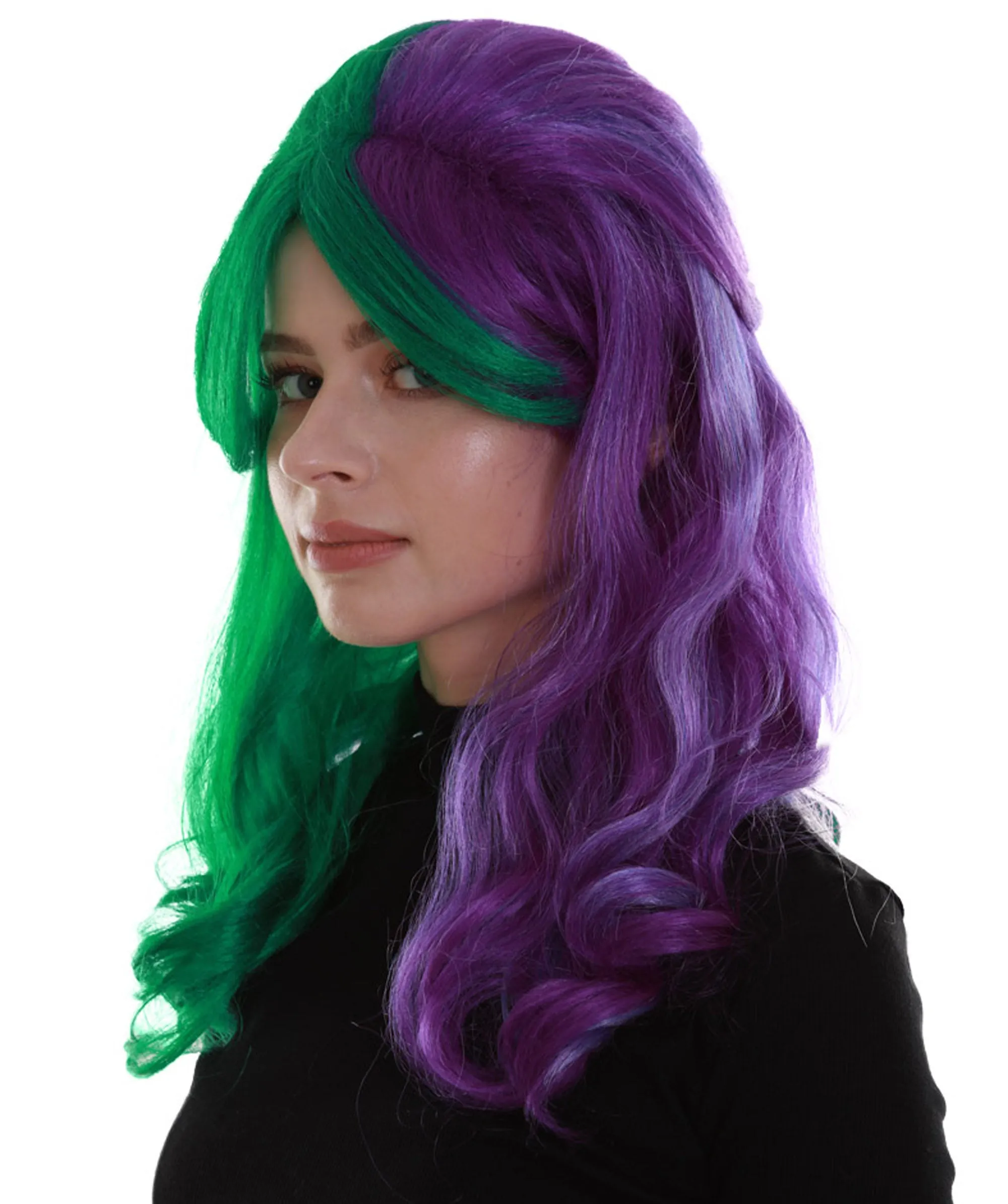 Women's Two Tone Green and Purple Color Wavy Medium Length Trendy Galactic Maiden Wig